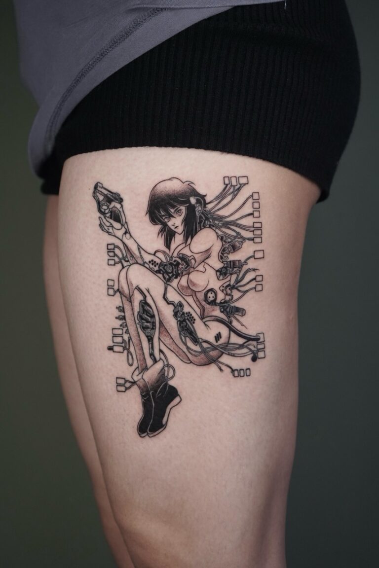 Anime tattoo in Bali – highly detailed character tattoo by Isa at Fig Tree Tattoo Studio.